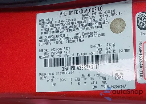 2011 Ford Fusion Sel из США, поврежденный, VIN 3FAHP0JA3BR273111